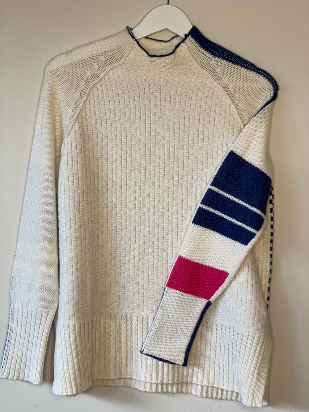 Crewneck Cream Sweater with Navy and Pink Sleeve Stripes